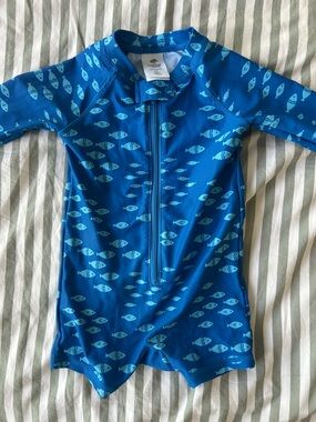Tucker + Tate Blue Fish Print Zip Front Rashguard Swimsuit